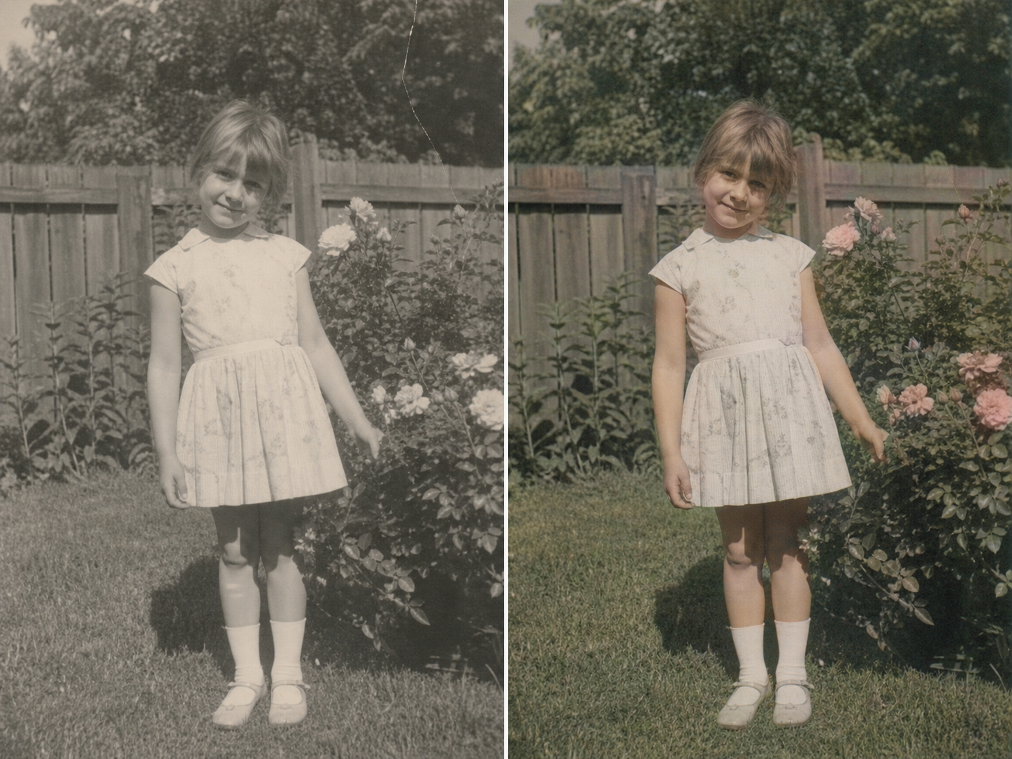 The same 1960s childhood garden photo shown in faded black and white on the left and softly restored in color on the right