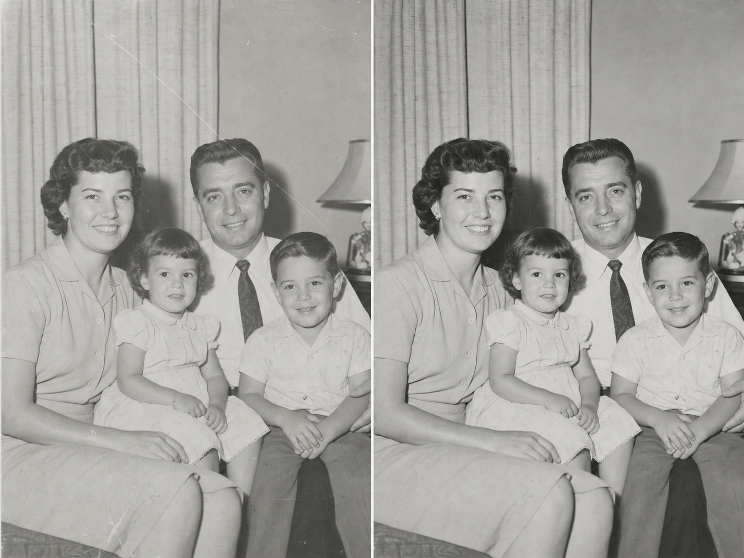 The same 1950s family portrait shown faded and scratched on the left and gently restored on the right