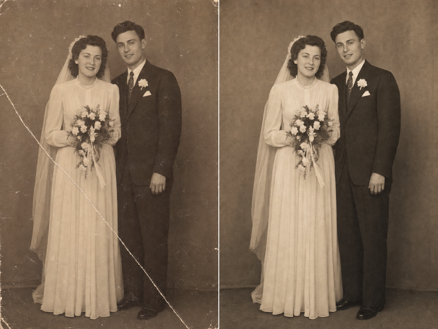 The same 1940s wedding portrait shown scratched and faded on the left and carefully restored on the right