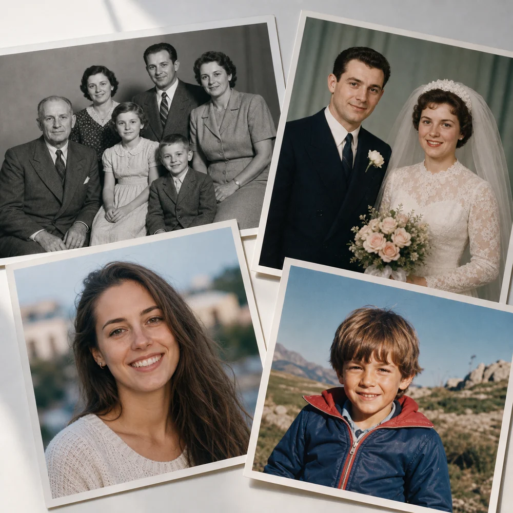 Photo restoration examples for family, wedding, portrait, and childhood photographs